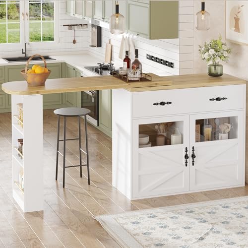 UATARU Extractable Bar Table with Storage, 360° Rotatable Kitchen Island Bistro Table Sideboard Cabinet with Snack Rack for Dining Room/Living Room (White) von UATARU