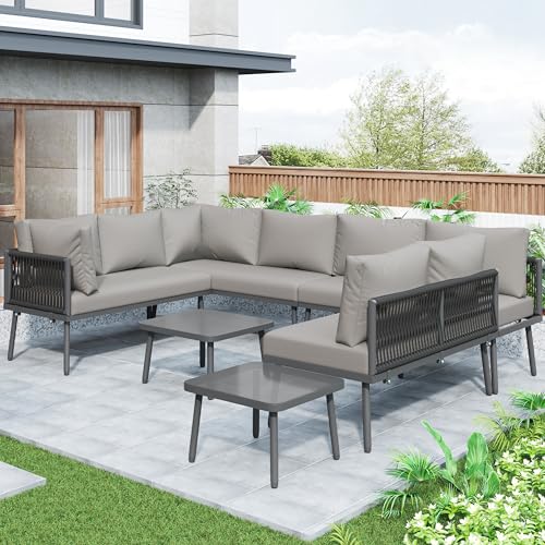 UATARU Garden Furniture Set for 8 People, Weather-Proof Outdoor Lounge Set with Coffee Table, Corner Sofa Set for Balcony Patio, Cushion Included von UATARU