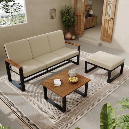 UATARU Garden Lounge for 3-4 People, Patio Furniture Set Seating Set Consisting of 3 Seater Garden Sofa, Stool and Side Table with Cushion von UATARU