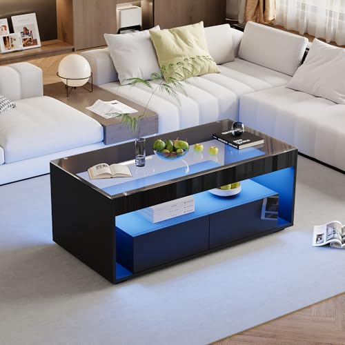 UATARU High Gloss Coffee Table with 16-Colour Lighting, Living Room Side Table Black with Tempered Glass Top, Open Display Shelf and 2 Pull-Out Drawers UATARU High Gloss Coffee Table with 16-Colour Lighting, Living Room Side Table Black with Tempered Glass Top, Open Display Shelf and 2 Pull-Out Drawers von UATARU