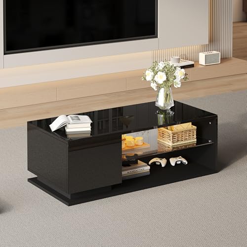 UATARU High Gloss Coffee Table with LED, Living Room Side Table with Open Display Shelf and Drawers (Black) von UATARU