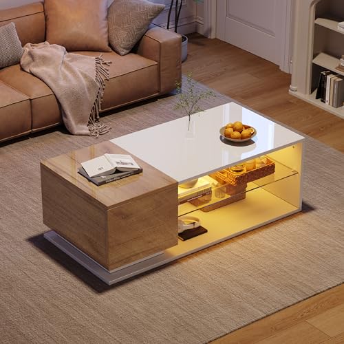 UATARU High Gloss Coffee Table with LED, Living Room Side Table with Open Display Shelf and Drawers (White+Oak) von UATARU