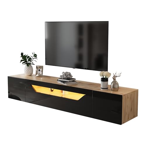UATARU High Gloss Floating TV Stand with LED, Wall Mounted TV Media Console Lowboard with 3 Storage Compartments for 75 inch TV von UATARU