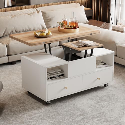 UATARU Hydraulic Lifting Coffee Table Height Adjustable with Folding Function and 4 Drawers, Mobile Living Room Table with Wheels von UATARU