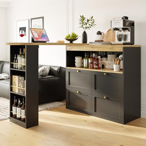 UATARU Kitchen Cabinet Buffet 360° Rotating Bar Table with 4 Drawers Open Shelves for Dining Room Living Room Restaurant (Black) von UATARU
