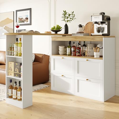 UATARU Kitchen Cabinet Buffet 360° Rotating Bar Table with 4 Drawers Open Shelves for Dining Room Living Room Restaurant (White) von UATARU