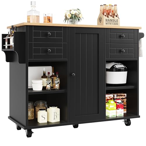 UATARU Kitchen Island Trolley with Worktop, Kitchen Cupboard Cabinet Serving Trolley Sideboard (Black) von UATARU