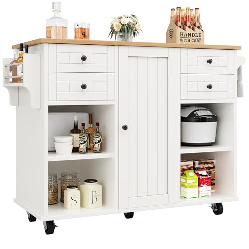 UATARU Kitchen Island Trolley with Worktop, Kitchen Cupboard Cabinet Serving Trolley Sideboard (White) von UATARU