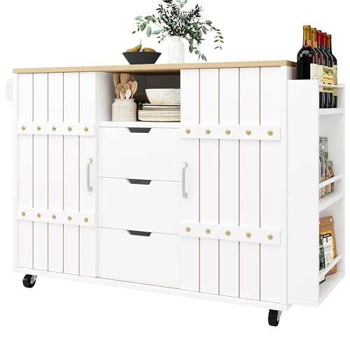 UATARU Kitchen Island with Extendable Worktop, Kitchen Cabinet with Sliding Doors and Drawers, Dining Sideboard with Adjustable Trays (White) von UATARU