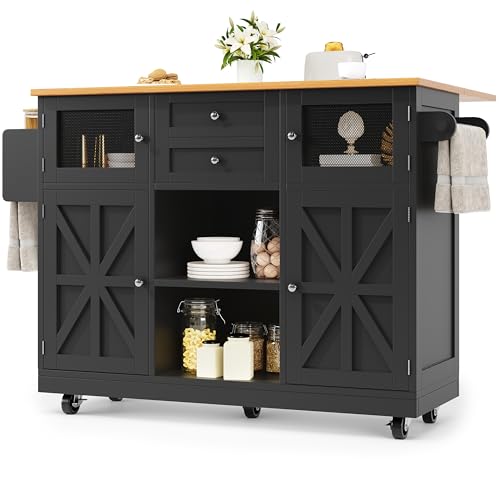 UATARU Kitchen Island with Folding Worktop, Kitchen Trolley on 5 Wheels Cupboard Cabinet with Shelf, Drawers and Towel Holder for Dining Room (Black) von UATARU