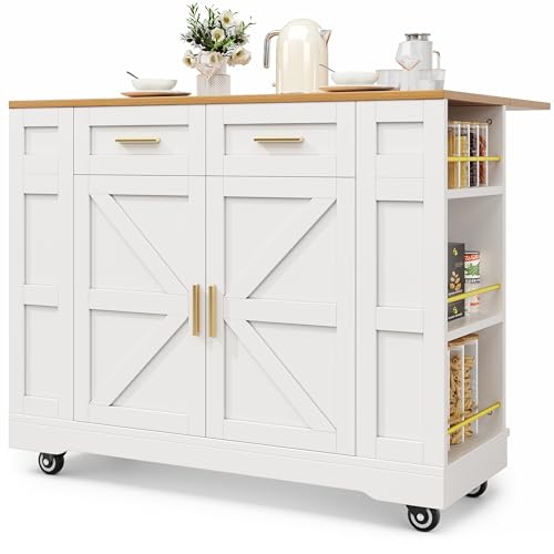 UATARU Kitchen Island with Folding Worktop, Kitchen Trolley on Wheels Cupboard Cabinet with Shelf and Drawers for Dining Room (White) von UATARU