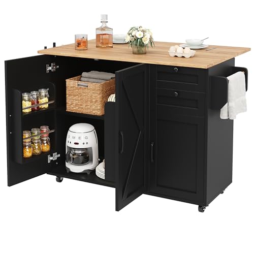 UATARU Kitchen Island with Folding Worktop, Mobile Sideboard Storage Cabinet Dining Room Trolley on 5 Wheels with Adjustable Shelf and 2 Drawers (Black) von UATARU