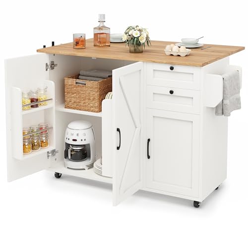 UATARU Kitchen Island with Folding Worktop, Mobile Sideboard Storage Cabinet Dining Room Trolley on 5 Wheels with Adjustable Shelf and 2 Drawers (White) von UATARU
