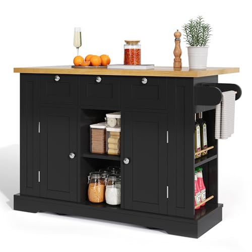 UATARU Kitchen Island with Folding Worktop, Movable Kitchen Serving Trolley on Wheels with 3 Drawers 2 Door Cabinet Integrated Socket for Dining Room (Black) von UATARU