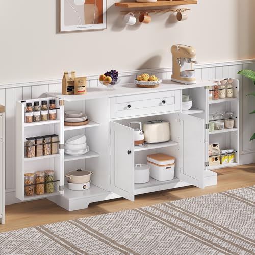 UATARU Kitchen Sideboard, 138cm Kitchen Unit with Drawers & Doors, White Buffet Cupboard with Adjustable Shelf for Living Room, Hallway (White) von UATARU