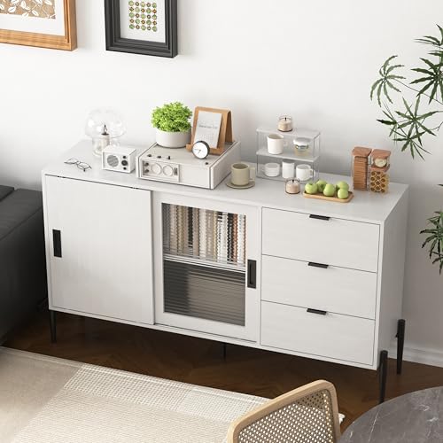 UATARU Kitchen Sideboard Storage Cabinet with Glass Sliding Door and 3 Drawers for Living Room Dining Room von UATARU