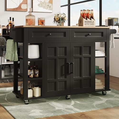 UATARU Kitchen Trolley with Folding Worktop, 2 Drawer Kitchen Island on Wheels, Dining Room Cabinet Sideboard with Spice Rack Towel Holder ﻿ (Black) von UATARU
