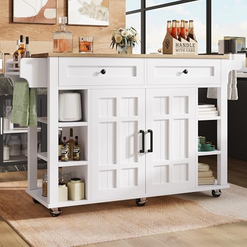 UATARU Kitchen Trolley with Folding Worktop, 2 Drawer Kitchen Island on Wheels, Dining Room Cabinet Sideboard with Spice Rack Towel Holder ﻿ (White) von UATARU