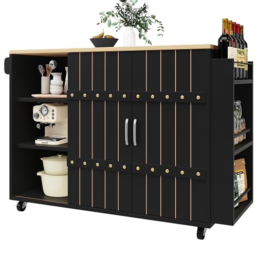 UATARU Kitchen Trolley with Folding Worktop, Kitchen Island with Sliding Doors & 3 Drawers & Adjustable Shelf & Spice Rack & Towel Rail, Mobile Serving Trolley (Black) von UATARU