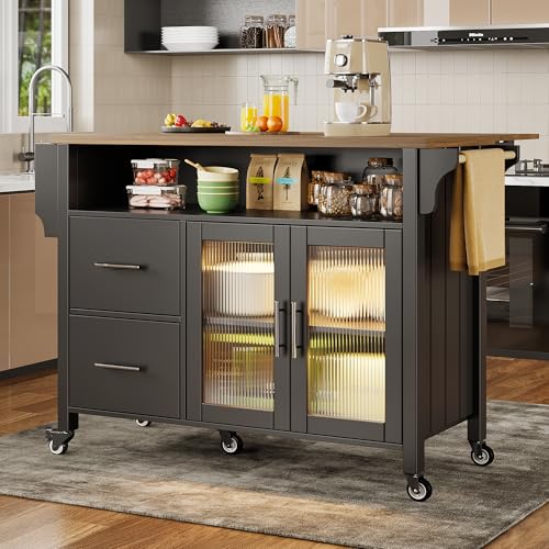 UATARU Kitchen Trolley with Light, Folding Worktop, Kitchen Island with Spice Rack & Towel Holder, 2 Drawers, Dining Room Buffet Cabinet Sideboard on Wheels von UATARU