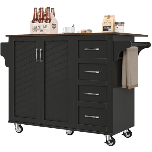 UATARU Kücheninsel Esswagen auf Rollen mit klappbarer Arbeitsplatte, Schublade, Rollbarer Schrank mit Verstellbarer Ablage, Handtuchhalter, Gewürzregal, Servierwagen (Schwarz) von UATARU