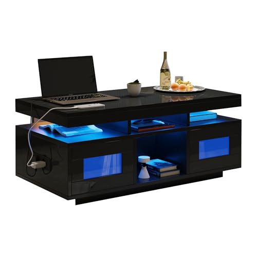 UATARU LED High Gloss Coffee Table, Sofa Table with Charging Outlet and Socket for Living Room Office Study ﻿ (Black) von UATARU