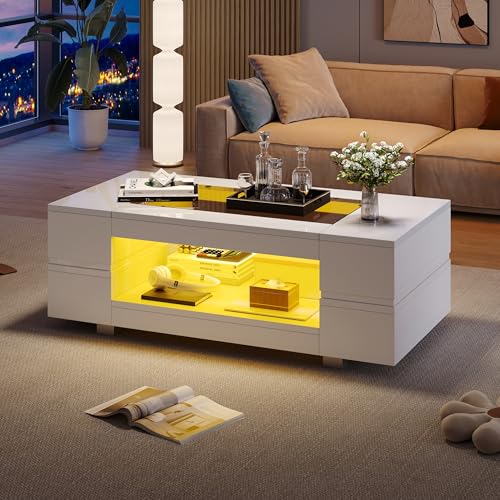 UATARU Living Room Coffee Table with Lighting, Modern Side Table with Open Display Shelf (White) von UATARU