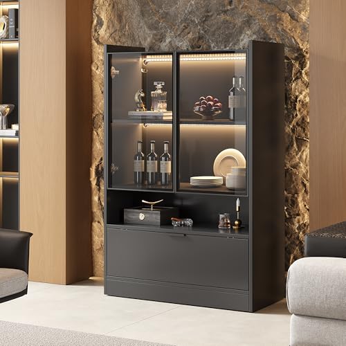 UATARU Living Room Standing Glass Display Cabinet Highboard Black with 16-Color Lighting 120cm High von UATARU