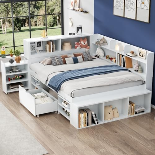 UATARU Multifunctional Bed with Drawers, Bookcase and Storage Cabinet, Large Storage Space, Slatted Frame, Mattress Not Included (140cm*200cm) von UATARU