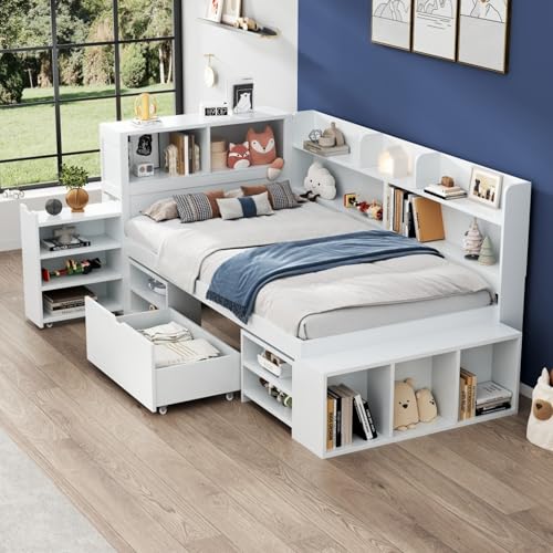 UATARU Multifunctional Bed with Drawers, Bookcase and Storage Cabinet, Large Storage Space, Slatted Frame, Mattress Not Included (90cm*200cm) von UATARU