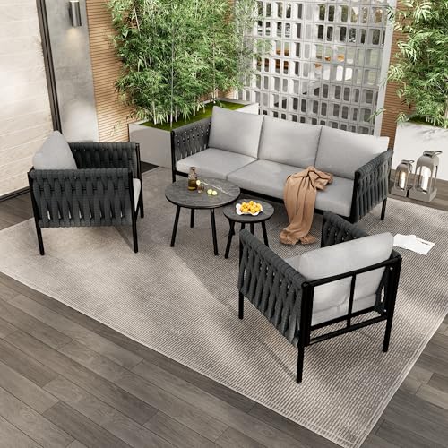 UATARU Outdoor Balcony Furniture for 5 People, Garden Lounge Seating Set with Cushions and 2 Marbled Glass Tables von UATARU