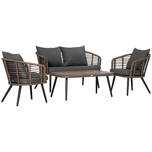 UATARU Polyrattan Garden Furniture Set for 4-Person, 2 Seater Sofa with 2 Armchairs and Glass Top Tea Table, Cushion Included, Steel Frame von UATARU