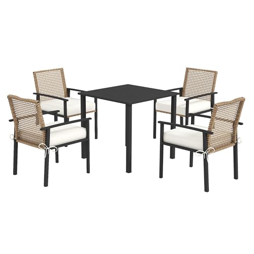 UATARU Rattan Lounge Set for 4-Person, 5-Piece Garden Furniture Set with Table Chairs, Cushion for Terrace Balcony von UATARU