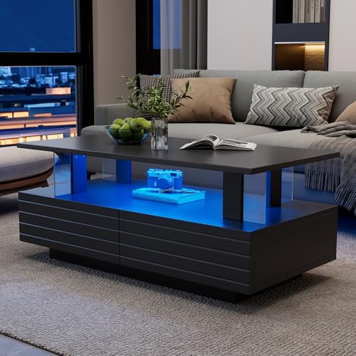 UATARU Rectangular Coffee Table with Lighting, Living Room Couch Table with Open Display Shelf and 2 Pull-Out Drawers (Black) von UATARU