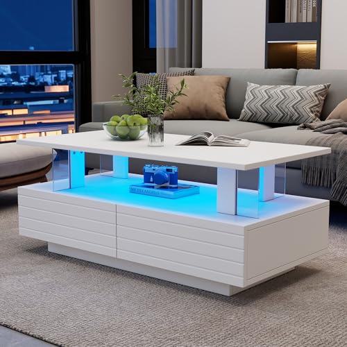 UATARU Rectangular Coffee Table with Lighting, Living Room Couch Table with Open Display Shelf and 2 Pull-Out Drawers (White) von UATARU