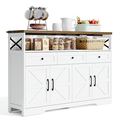 UATARU Rustic Kitchen Cabinet with Worktop, Sideboard Buffet with 3 Drawers and 4 Doors, Open Shelf, 140 x 35 x 95 cm von UATARU