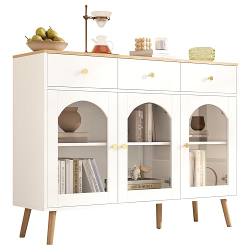 UATARU Sideboard Kitchen Cabinet with Worktop with 3 Glass Doors 3 Drawers Kitchen Buffet Cabinet with Shelf for Dining Room Living Room von UATARU