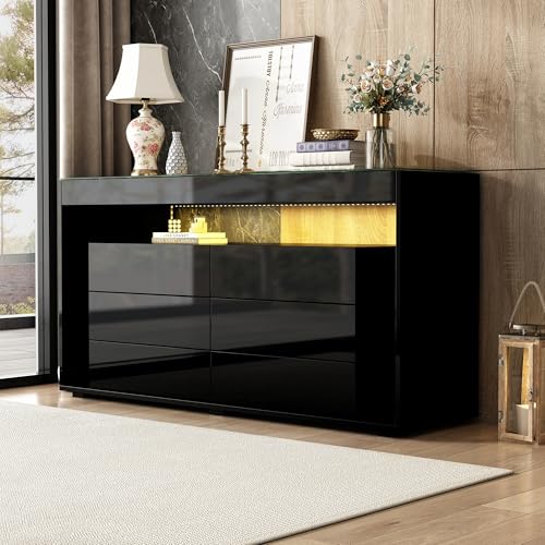 UATARU Sideboard with 6 Drawers, LED High Gloss Chest of Drawers with Tempered Glass Plate Open Display Shelf for Bedroom Dining Room Storage Furniture von UATARU
