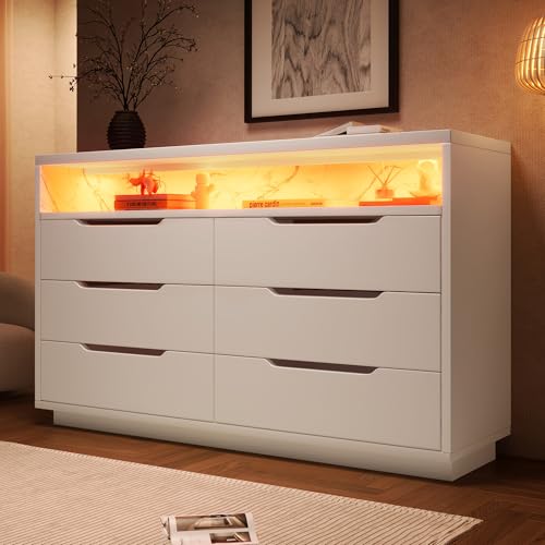UATARU Sideboard with LED Lighting, Modern Chest of Drawers Multi-Purpose Storage Cabinet 6 Drawers Open Compartment for Room Bedroom, 120x40x85cm, White von UATARU