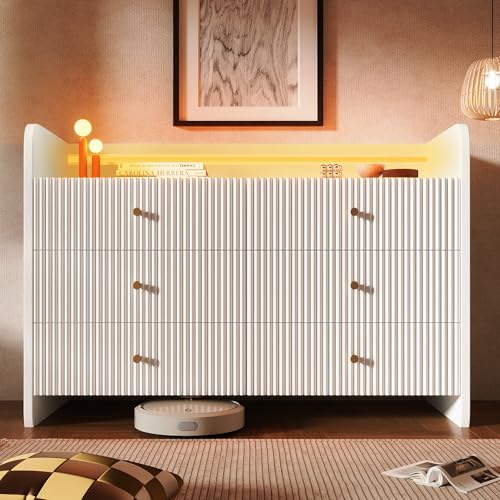 UATARU Sideboard with LED Lighting, Modern Chest of Drawers Multi-Purpose Storage Cabinet with 6 Drawers Open Compartment for Room Bedroom, 120x40x75cm von UATARU