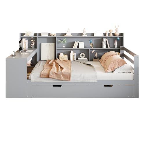 UATARU Sofa Bed with Pull-Out Bed, Desk Bookshelves Storage Compartments and Shelves, Sockets, 140 * 200 cm Solid Wood Double Bed (Grey) von UATARU