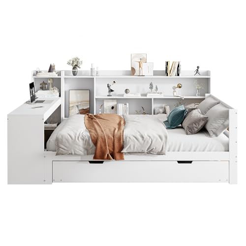 UATARU Sofa Bed with Pull-Out Bed, Desk Bookshelves Storage Compartments and Shelves, Sockets, 140 * 200 cm Solid Wood Double Bed (White) von UATARU