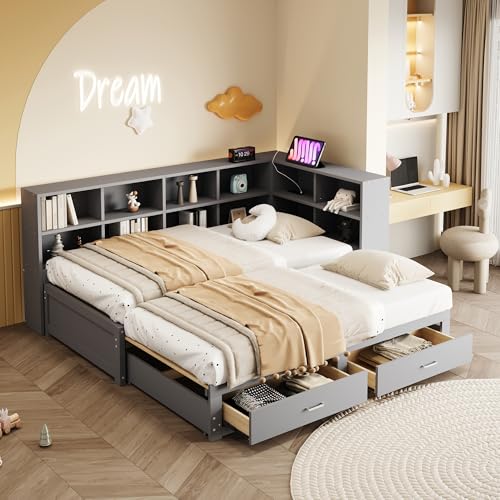 UATARU Solid Wood Sofa Bed with Pull-Out Bed 90 x 190 cm & Socket & 2 Drawers & Multiple Storage Compartments, Double Day Bed with Slatted Frame, Without Mattress (Gray) von UATARU