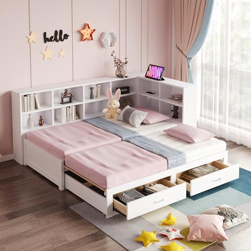 UATARU Solid Wood Sofa Bed with Pull-Out Bed 90 x 190 cm & Socket & 2 Drawers & Multiple Storage Compartments, Double Day Bed with Slatted Frame, Without Mattress (White) von UATARU