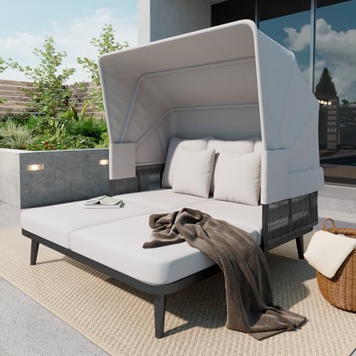 UATARU Sun Lounger with Foldable Roof for 2 People, Outdoor Weatherproof Lounge Furniture with Cushion for Outdoor Patio Balcony Garden von UATARU