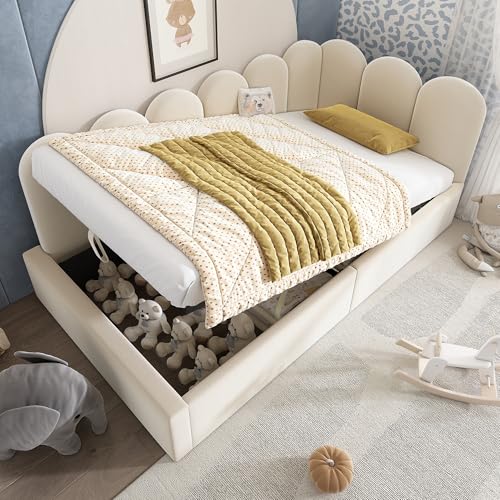 UATARU Upholstered Bed, 90 x 200 cm Single Bed Functional Bed Frame with Hydraulic Storage Space & Slatted Frame, Mattress Not Included (Beige) von UATARU