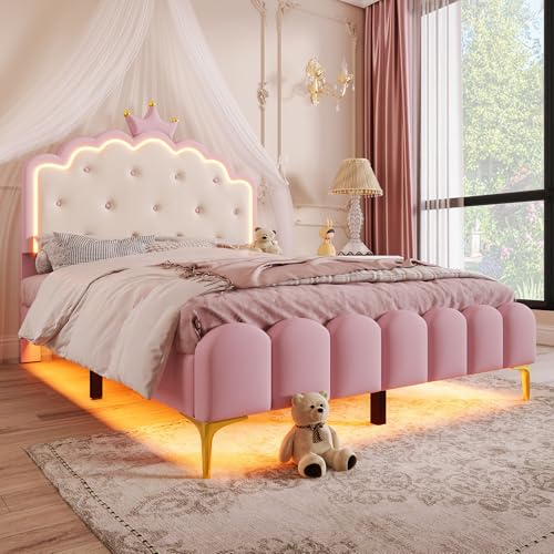 UATARU Upholstered Bed 140 x 200 cm with Slatted Frame and LED Lighting, Flat Bed with Headboard in Crown Shape, Soft Padding Made of PU Leather, No Mattress UATARU Upholstered Bed 140 x 200 cm with Slatted Frame and LED Lighting, Flat Bed with Headboard in Crown Shape, Soft Padding Made of PU Leather, No Mattress von UATARU