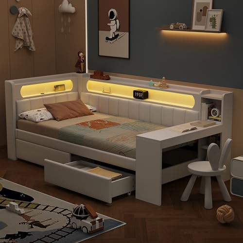 UATARU Upholstered Day Bed Single Bed Frame 90 x 200 cm with Desk and 2 Drawers, LED Sofa Bed with USB Charging Socket, Slatted Frame, Without Mattress UATARU Upholstered Day Bed Single Bed Frame 90 x 200 cm with Desk and 2 Drawers, LED Sofa Bed with USB Charging Socket, Slatted Frame, Without Mattress von UATARU