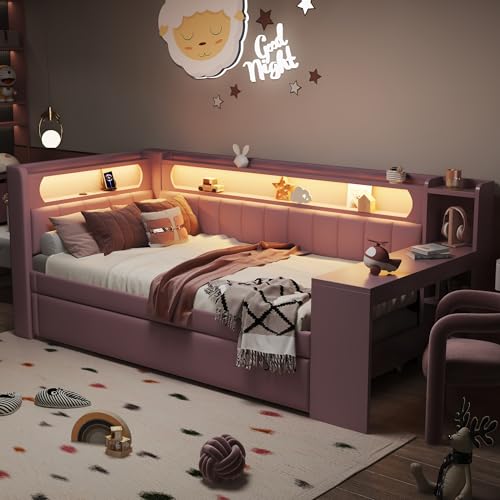 UATARU Upholstered Day Bed with Pull-Out Bed, LED Sofa Bed 90 x 200 cm with Desk, USB Charging Socket, Slatted Frame, Without Mattress (Pink) von UATARU