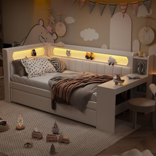 UATARU Upholstered Day Bed with Pull-Out Bed, LED Sofa Bed 90 x 200 cm with Desk, USB Charging Socket, Slatted Frame, Without Mattress (White) von UATARU